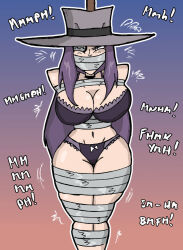 angry angry_face annoyed annoyed_expression big_breasts bondage bra dominique_the_cyclops eye_patch gagged gagged_female hat ladyofknives panties purple_hair thicc thick_thighs tied_up tied_up_female trigun trigun_maximum wide_hips