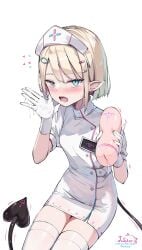 :o artificial_vagina artist_name blonde_hair blue_eyes cum demon_girl demon_tail earrings female gloves hair_ornament hairclip hand_up highres holding id_card jewelry liclac looking_at_viewer nurse original pill_hair_ornament pointy_ears sex_toy subscribestar_username tail thighhighs white_gloves white_thighhighs