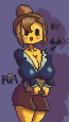 ! :d big_breasts blush bra breasts cute emoji emoji_(race) female female_focus female_only hair hellenqueenx hi mouth_open neckline open_mouth original original_character pixel pixel_(artwork) pixel_art skirt thighs watermark yellow_body