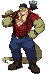 anthro balls bara barazoku bulge clothing darknaigart dinosaur flaccid fully_clothed jace_(darknaig) lumberjack male male_only muscles muscular penis scalie solo solo_male tyrannosaurid tyrannosaurus tyrannosaurus_rex