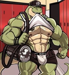 anthro balls bara barazoku bulge darknaigart dinosaur flaccid jace_(darknaig) male male_only muscles muscular open_fly penis scalie shirt_lift solo solo_male tyrannosaurid tyrannosaurus tyrannosaurus_rex underwear