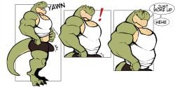 anthro balls bara barazoku boner bulge darknaigart dinosaur erection erection_under_clothes jace_(darknaig) male male_only morning_wood muscles muscular penis scalie solo solo_male speech_bubble tyrannosaurid tyrannosaurus tyrannosaurus_rex yawn yawning