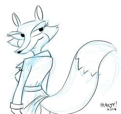 2014 anthro butt canid canine clothing coat fauna_fox female fox heresy_(artist) looking_back mammal oh_yeah!_cartoons raincoat sketch solo tail the_f-tales topwear