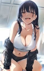 bare_belly bare_legs bare_shoulders bare_thighs barefoot belly_button big_breasts black_hair black_jacket blush boku_no_kokoro_no_yabai_yatsu breasts brown_eyes cleavage collarbone feet_out_of_frame hews_hack jacket kneeling long_hair long_sleeves mole mole_on_neck open_clothes open_jacket open_mouth shorts smile sports_bra sweat sweaty_body thighs white_sports_bra yamada_anna