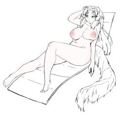 beach_chair blue_eyes breasts crossbreed_priscilla dark_souls dragon dragon_girl fluffy_tail fromsoftware hourglass_figure inverted_nipples large_breasts long_hair lounging monster_girl nakno nude pale_skin pink_nipples white_hair