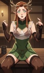 1girls ai_generated antlers ass bigmic145 bra breasts brown_hair critical_role critical_role:_vox_machina curvy drunk elbow_gloves elf elf_ears female female_only freckles green_clothing green_eyes keyleth loincloth long_hair pointy_ears see-through see-through_clothing spilled_drink teasing the_legend_of_vox_machina thigh_boots wet wet_clothes