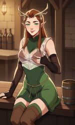 1girls ai_generated antlers ass bigmic145 bra breasts brown_hair critical_role critical_role:_vox_machina curvy drunk elbow_gloves elf elf_ears female female_only freckles green_clothing green_eyes keyleth loincloth long_hair pointy_ears see-through see-through_clothing spilled_drink teasing the_legend_of_vox_machina thigh_boots wet wet_clothes