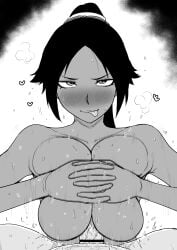 black_and_white bleach bleach:_the_thousand-year_blood_war blush blush blushing_at_viewer boobjob heart hearts_around_head interlocked_fingers kaiman_garupan looking_at_viewer lustful_gaze naked paizuri paizuri_lead_by_female paizuri_on_lap playful pressing_breasts_together shihouin_yoruichi shihouin_yoruichi smirk sweat sweatdrop sweating titjob titjob tongue_out