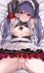 absurdres apron arms_up ass_visible_through_thighs azur_lane bare_shoulders bed_sheet black_dress blush breasts censored commentary_request commission cross dress elbow_gloves felix_schultz_(azur_lane) felix_schultz_(sweet_sleepy_"revenge")_(azur_lane) female frilled_apron frilled_dress frills gloves highres iron_cross kamita long_hair looking_at_viewer lying maid maid_headdress mosaic_censoring nipples no_panties official_alternate_costume on_back on_bed open_clothes parted_lips purple_hair pussy red_eyes skeb_commission small_breasts smile solo sweat twintails variant_set waist_apron white_apron