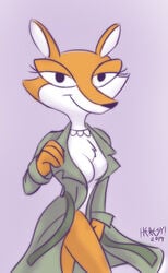 2014 anthro breasts canid canine chest_tuft cleavage clothed clothing coat fauna_fox female fox fur heresy_(artist) looking_at_viewer mammal mostly_nude oh_yeah!_cartoons raincoat seductive solo tagme the_f-tales topwear tuft