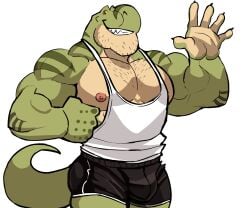 anthro balls bara barazoku bulge clothing darknaigart dinosaur flaccid jace_(darknaig) male male_only muscles muscular penis scalie solo solo_male tyrannosaurid tyrannosaurus tyrannosaurus_rex waving