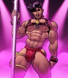 butt_hair collar conner_kent earrings facial_hair gogo_dancer harness jockstrap pole_dancer pole_dancing pubic_hair pullaskiart superboy superboy_(conner_kent)