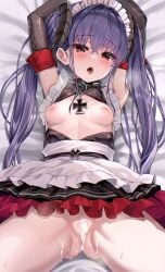 absurdres after_vaginal apron arms_up ass_visible_through_thighs azur_lane bare_shoulders bed_sheet black_dress blush breasts commentary_request commission cross cum cum_in_pussy cumdrip dress elbow_gloves felix_schultz_(azur_lane) felix_schultz_(sweet_sleepy_"revenge")_(azur_lane) female frilled_apron frilled_dress frills gloves heart heart-shaped_pupils highres iron_cross kamita long_hair looking_at_viewer lying maid maid_headdress nipples no_panties official_alternate_costume on_back on_bed open_clothes open_mouth purple_hair pussy red_eyes skeb_commission small_breasts solo sweat symbol-shaped_pupils tongue tongue_out twintails variant_set waist_apron white_apron