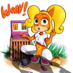 1boy 2girls anthro bandicoot big_breasts blonde_hair bottomless breasts cleavage clothed clothing coco_bandicoot computer crash_(series) crash_bandicoot crate electronics female green_eyes hair laptop looking_at_viewer mammal marsupial navel no_panties no_pants nudity offscreen_character outdoors pussy pussy_juice rasenxoru sex_toy shadow spread_legs spreading tawna_bandicoot thick_thighs thighhighs vaginal_masturbation vaginal_secretions vibrator video_games vulva watching_porn