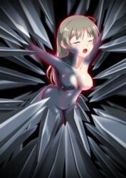 blush breasts brown_hair closed_eyes female large_breasts lynette_bishop metal metal_body metal_breasts metal_girl metal_hair metal_legs metal_nipples metal_skin metal_transformation metallic_body metallic_hair metallic_nipples metallic_skin navel nipples nude petrification pura-tabu solo strike_witches transformation world_witches_series