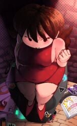 1girls 2d 2d_(artwork) bbw belly belly_fat belly_focus belly_grab big_belly breasts brunette chubby chubby_female digital_drawing_(artwork) digital_media_(artwork) fat fat_belly fat_girl fatty female female_only fnf_girlfriend friday_night_funkin girlfriend_(friday_night_funkin) messy_room overhead_view overweight overweight_female plump pork_chop red_clothing red_dress shy sideboob somerando speaker stereo thick_thighs wholesome wide_hips