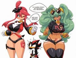 1boy 2024_pokemon_teraleak 2girls anthro big_breasts blue_eyes blue_hair brazilian_miku breasts collar crop_top crossover dark-skinned_female denim_shorts flustered gloves hatsune_miku hedgehog i_just_love_latinas_sonic large_breasts latin_american_hatsune_miku_(meme) latina long_hair navel one_eye_closed panties panties_pull pokemon pokemon_bw portuguese_text pubic_tattoo pulling_panties red_hair rings ryousakai seductive shadow_the_hedgehog shadow_the_hedgehog_tattoo shorts skindentation skyla_(pokemon) sonic_(series) sonic_the_hedgehog_(series) spanish_text sunglasses tan tan_body tanline tattoo thick_thighs thigh_strap thighhighs thighs thong thong_pull tied_hair tongue tongue_out twintails vocaloid white_gloves wink