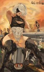 2b awg_usto big_thighs blindfold cleavage fanart game leotard nier:_automata pod_(nier) sitting thighs white_hair yorha_2b