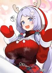 ? animal_hood antlers blue_archive blue_eyes blush breasts christmas cocoaco22 fake_antlers fang female gloves hair hair_ornament hairclip halo hanae_(blue_archive) hanae_(christmas)_(blue_archive) heart heart_hair_ornament hi_res highres holly_hair_ornament hood horns large_breasts long long_hair long_sleeves looking_at_viewer low_twintails mittens oerba_yun_fang official_alternate_costume open_mouth ornament pantyhose plaid plaid_skirt purple_hair red_mittens red_sweater reindeer reindeer_hood ribbed_sweater santa_gloves skin_fang skirt smile solo spoken_question_mark steaming_body sweat sweater turtleneck turtleneck_sweater twintails white_pantyhose