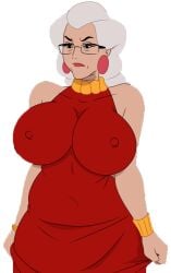 angry bbw big_ass big_breasts big_nipples discreenvision full_color game_cg glasses granny grey_hair huge_breasts inusen lipstick milf milf_boom older_female red_dress