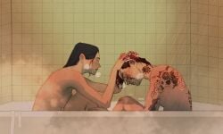 2girls 3d arcane arm_tattoo artist_signature back_tattoo bath bathing bathing_together bathroom blue_eyes blue_hair blush breasts caitlyn_kiramman canon_couple color completely_nude dark_blue_hair dyed_hair earrings hand_on_another's_head hand_on_another's_leg league_of_legends leaning_forward light_blue_eyes lighting long_hair looking_at_partner looking_down magenta_hair muscular muscular_female nose_piercing piercing pink_hair romantic romantic_couple scar scar_on_face setapta shower side_view sideboob sitting tattoo vi visible_breath washing washing_another washing_hair watermark wholesome yuri