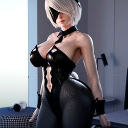 1girls 3d 3d_(artwork) blindfold breasts bubblebubbleb detailed_background female female_focus female_only hi_res high_resolution highres large_breasts nier:_automata platinum_games short_hair skin_tight solo solo_focus tight_clothing wide_hips yorha_2b