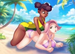 2girls anoneysnufftan applying_sunscreen april_may april_o'neil april_o'neil_(rise_of_the_tmnt) beach bikini brown_hair dark-skinned_female dark_skin embarrassed female female_only glamourpink gyakuten_saiban humiliation massage name_connection palm_tree peril pink_hair punishment rise_of_the_teenage_mutant_ninja_turtles rubbing seaside sky summer sunbathing swimsuit teenage_mutant_ninja_turtles