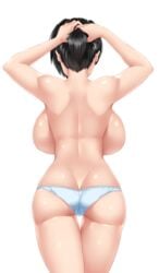 1girls armpits arms_up ass back backboob bikini_bottom black_hair breasts breasts_apart female huge_breasts human large_breasts original ponytail saya_(twrlare) shiny shiny_hair shiny_skin simple_background solo thick_thighs thigh_gap topless twrlare white_background wide_hips