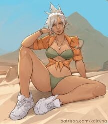 bikini dark-skinned_female dark_skin green_bikini kalruna league_of_legends riven shoes sneakers spiky_hair swimsuit tan white_hair