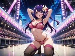 1girls :o ai_generated anilvl armpits arms_behind_head arms_up ass_visible_through_thighs audience bangs bare_shoulders black_thighhighs blush bow bow_bra bow_panties bra breasts cleavage collarbone facial_mark full_body glowstick hair_ornament hair_ribbon hoshino_ai idol kneeling large_breasts lingerie long_hair looking_at_viewer medium_breasts multicolored_hair nail_polish navel night night_sky no_shoes one_side_up open_mouth oshi_no_ko outdoors panties pink_bra pink_panties pink_ribbon purple_eyes purple_hair rabbit_hair_ornament red_bra ribbon sidelocks skindentation sky solo stage stage_lights star-shaped_pupils star_(sky) star_(symbol) star_hair_ornament star_in_eye starry_sky stomach streaked_hair symbol-shaped_pupils symbol_in_eye teeth thighhighs thighs underwear underwear_only upper_teeth_only