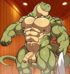 anthro balls bara barazoku darknaigart dinosaur flaccid jace_(darknaig) male male_only muscles muscular nude penis sauna scalie solo solo_male steam sweat sweating tyrannosaurid tyrannosaurus tyrannosaurus_rex