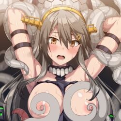 armpits arms_up blush breasts enemy_naval_mine_(kancolle) female grey_hair haruna_(kancolle) headpiece horosuke kantai_collection large_breasts long_hair nipple_stimulation open_mouth orange_eyes tentacle tongue torn_clothes unfinished