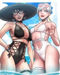 2girls bayonetta bayonetta_(character) dangerousbride jeanne_(bayonetta) swimsuit yuri