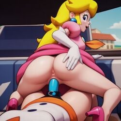 2girls ai_generated ass bubble_butt cowboy_shot cowgirl_position dress dress_lift hand_on_butt happy_sex lesbian_sex looking_at_viewer looking_back mario_and_luigi:_brothership mario_and_luigi_(series) princess_peach smile strap-on strap-on_sex super_mario_bros. vaginal_penetration vaginal_sex yuri