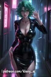 ai_generated alley alternate_version_available big_breasts blush breasts clothed clothed_female clothing female female_only fully_clothed fully_clothed_female green_hair hand_on_hip hand_up klexyai looking_at_viewer one-punch_man open open_clothes patreon patreon_username rain raining sfw sfw_version shiny shiny_clothes shiny_skin solo solo_female tatsumaki