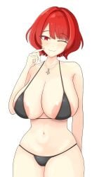 1girls areolae_slip bikini cleavage female huge_breasts one_eye_closed raiko_horikawa rh_thunderriver smile solo swimsuit touhou