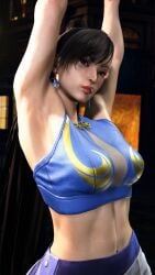 3d arms_up asian asian_female belly_button black_hair chun-li earrings gameplay gameplay_screenshot in-game in_game looking_at_viewer medium_breasts milf mod sf_screenshot slim_waist street_fighter street_fighter_6 tied_hair top wide_hips