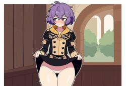 1girls ai_generated bernadetta_von_varley blush fire_emblem fire_emblem:_three_houses looking_away novelai presenting pussy skirt_lift solo_female thick_thighs wide_hips