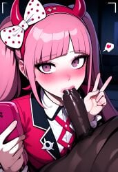 ai_generated blowjob bow clothed_female_nude_male cock_worship danganronpa_(series) danganronpa_ultra_despair_girls dark-skinned_male headband_with_horns interracial light-skinned_female peace_sign pink_eyes pink_hair selfie sucking_penis twintails utsugi_kotoko