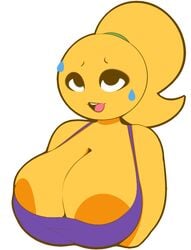 2d bare_shoulders brown_eyes cute emoji emoji_(race) emoji_slut emojifam_(sssir8) female female_only hair hips large_breasts nipple_slip no_nose plantpenetrator ponytail solo sweat teeth thighs yellow-skinned_female yellow_skin