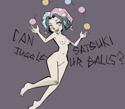 iranami_satsuki clown clown_girl blue_hair yellow_eyes jester jester_hat clown_nose juggling blush blushing blush_lines english_text female 1girls solo solo_female female_only only_female danganronpa_another fanganronpa