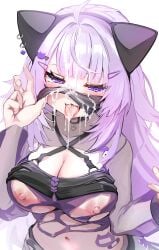 ahoge animal_ears black_mask breasts cat_ears cat_girl cleavage commentary_request cum cum_on_body cum_on_hair facial female hair_ornament hairclip highres hololive kajimakoto large_breasts long_hair looking_at_viewer mask mouth_mask navel nekomata_okayu nekomata_okayu_(9th_costume) official_alternate_costume official_alternate_hair_length official_alternate_hairstyle purple_hair simple_background solo tongue tongue_out virtual_youtuber white_background