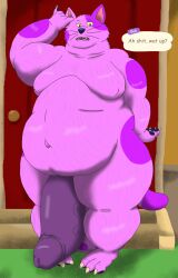 alythewolfcat animal_crossing anthro balls belly big_balls big_belly big_moobs big_penis bob_(animal_crossing) domestic_cat english_text felid feline felis fur genitals hi_res huge_balls huge_belly huge_cock hyper hyper_balls hyper_genitalia hyper_penis male mammal moobs morbidly_obese navel nintendo obese outie_navel overweight overweight_male penis purple_body purple_fur solo spots spotted_balls spotted_genitalia text wide_hips