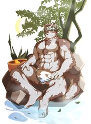 1boy 2017 anthro balls bara canine clothing crow_hurt fur furry gay headband horkeukamui humanoid male male_only mammal muscle muscular nude skimpy solo steam testicles tokyo_afterschool_summoners wolf