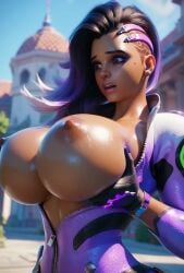 3d ai_generated bursting_breasts grabbing_own_breast huge_breasts looking_down overwatch overwatch_2 shocked sombra