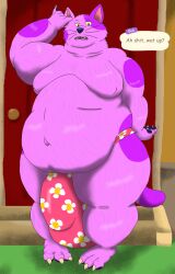 alythewolfcat animal_crossing anthro big_moobs bikini_thong bob_(animal_crossing) bulge clothing detailed_bulge english_text fur genital_outline hi_res male markings moobs morbidly_obese navel nintendo obese outie_navel overweight overweight_male penis_outline purple_body purple_fur solo spots spotted_body spotted_fur swimwear text wide_hips