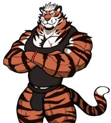 anthro balls bara barazoku bulge crossed_arms darknaigart flaccid furry jockstrap male male_only muscles muscular pantsless penis solo solo_male tiger underwear