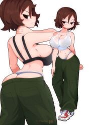 1girls black_bra black_eyes blue_panties blush brown_hair female freckles ghelber0 kim_pine light-skinned_female light_skin looking_back pants pants_down partially_clothed rear_view scott_pilgrim see-through see-through_clothing short_hair underwear