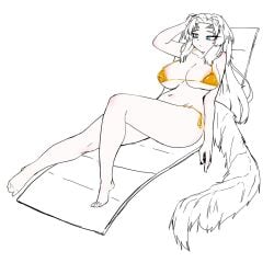 beach_chair bikini blue_eyes crossbreed_priscilla dark_souls dragon dragon_girl fluffy_tail fromsoftware gold_bikini hourglass_figure large_breasts long_hair lounging monster_girl nakno pale_skin white_hair