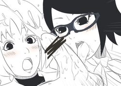 1boy 2girls alternate_costume blush boruto:_naruto_next_generations censored clothes cum ejaculation female glasses kakei_sumire licking male multiple_girls naruto open_mouth oral penis sarada_uchiha scribble_censor tongue